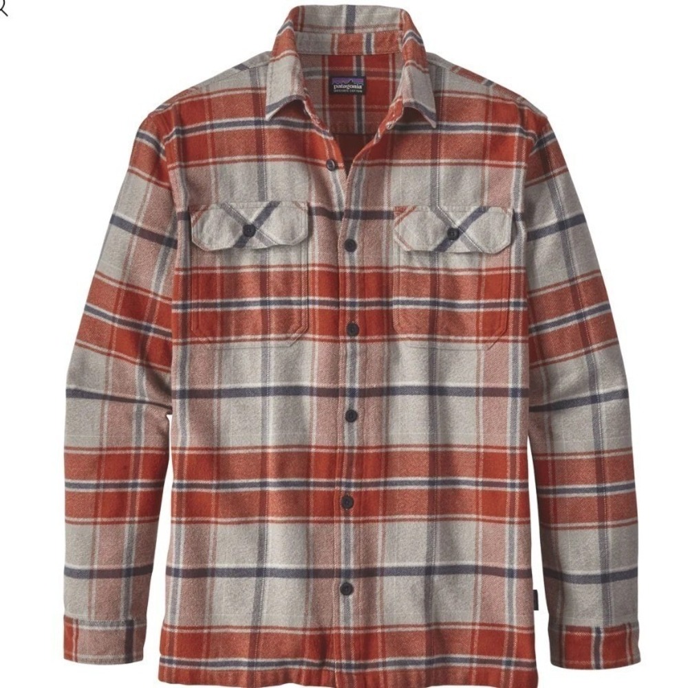 Patagonia‎ Fjord Flannel Shirt Mens S Orange Gray Buckstop Plaid Gorpcore Hiking